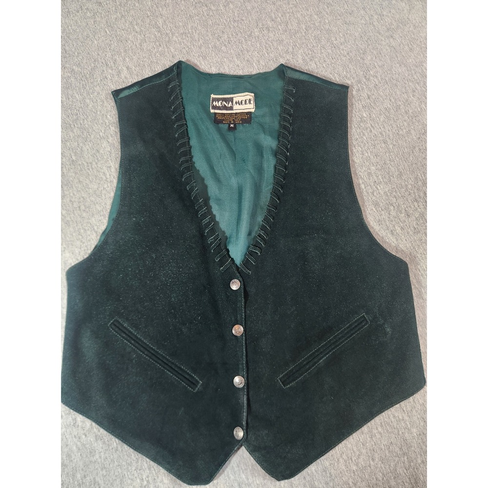 Mona Mode Leather Vest Women Medium Green Western Boho Whipstitch Cinch